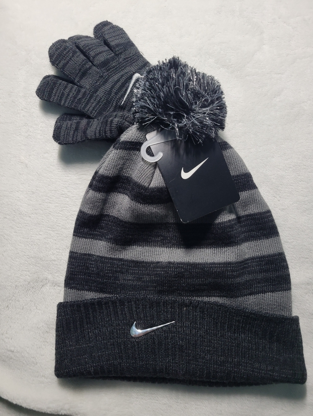 Nike Youth Black & Gray Striped Pom Beanie with Matching Gloves